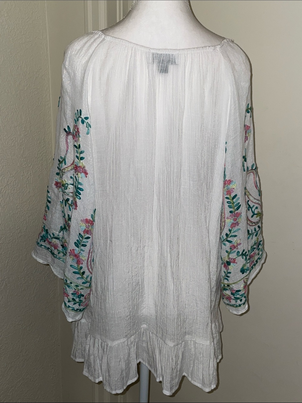 Boho Embroidered White Peasant Blouse - Women's Top, beach coverup - Picture 2 of 6